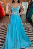 Ndyad Spaghetti Straps A-Line Beaded Chiffon Formal Dresses Elegant Backless Prom Dresses HZ1024