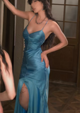 Ndyad Mermaid Long Elegant Prom Dresses Spaghetti Strap Satin Formal Dresses HZ1024