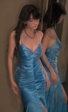Ndyad Mermaid Long Elegant Prom Dresses Spaghetti Strap Satin Formal Dresses HZ1024