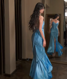 Ndyad Mermaid Long Elegant Prom Dresses Spaghetti Strap Satin Formal Dresses HZ1024