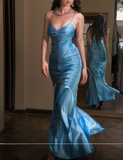 Ndyad Mermaid Long Elegant Prom Dresses Spaghetti Strap Satin Formal Dresses HZ1024
