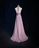 Ndyad V-neck A-Line Chiffon Tulle Long Prom Dresses Gray Purple Vintage Evening Gowns HZ1024