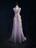 Ndyad V-neck A-Line Chiffon Tulle Long Prom Dresses Gray Purple Vintage Evening Gowns HZ1024