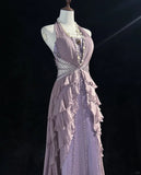 Ndyad V-neck A-Line Chiffon Tulle Long Prom Dresses Gray Purple Vintage Evening Gowns HZ1024