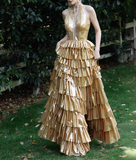 Ndyad Gold A-Line Halter Long Prom Dresses Sparkly Backless Silt Graduation Dress HZ1024