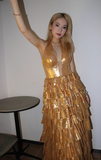 Ndyad Gold A-Line Halter Long Prom Dresses Sparkly Backless Silt Graduation Dress HZ1024