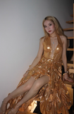 Ndyad Gold A-Line Halter Long Prom Dresses Sparkly Backless Silt Graduation Dress HZ1024