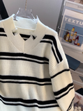 Ndyad style V-neck ripped striped sweater HZ1024