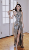 Ndyad Orange Sheath Halter Birthday Prom Dresses Slit Long Formal Dresses HZ1024