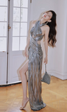 Ndyad Orange Sheath Halter Birthday Prom Dresses Slit Long Formal Dresses HZ1024