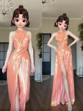 Ndyad Orange Sheath Halter Birthday Prom Dresses Slit Long Formal Dresses HZ1024
