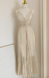 Ndyad V-neck A-Line Pleated Long Evening Gowns Elegant Birthday Prom Dresses HZ1024
