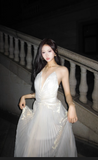 Ndyad V-neck A-Line Pleated Long Evening Gowns Elegant Birthday Prom Dresses HZ1024