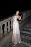 Ndyad V-neck A-Line Pleated Long Evening Gowns Elegant Birthday Prom Dresses HZ1024