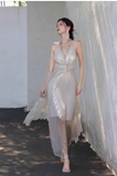 Ndyad V-neck A-Line Pleated Long Evening Gowns Elegant Birthday Prom Dresses HZ1024