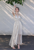 Ndyad V-neck A-Line Pleated Long Evening Gowns Elegant Birthday Prom Dresses HZ1024
