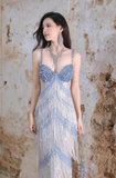 Ndyad Blue Sheath Beaded Tassel Formal Dress Sparkly Sweetheart Long Prom Dresses HZ1024