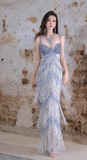 Ndyad Blue Sheath Beaded Tassel Formal Dress Sparkly Sweetheart Long Prom Dresses HZ1024