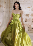 Ndyad Green A-Line Ruffle Long Prom Dresses Strapless Chiffon Formal Dresses HZ1024