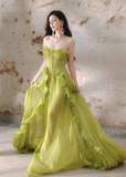 Ndyad Green A-Line Ruffle Long Prom Dresses Strapless Chiffon Formal Dresses HZ1024