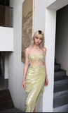 Ndyad Sweetheart Sheath Satin Birthday Dresses Slits Starfruit Yellow Evening Gowns HZ1024