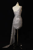 Ndyad Silver Bodycon One Shoulder Short Formal Dresses Sequin Birthday Outfits HZ1024