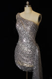 Ndyad Silver Bodycon One Shoulder Short Formal Dresses Sequin Birthday Outfits HZ1024