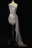 Ndyad Silver Bodycon One Shoulder Short Formal Dresses Sequin Birthday Outfits HZ1024