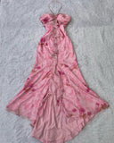 Ndyad Pink Halter Sheath Birthday Outfit Printed Chiffon Retro Party Dress Formal Dress HZ1024