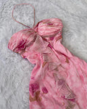 Ndyad Pink Halter Sheath Birthday Outfit Printed Chiffon Retro Party Dress Formal Dress HZ1024