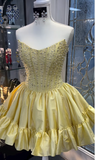 Ndyad Yellow Strapless A-Line Short Homecoming Dress Beaded Satin Sweet Birthday Outfit HZ1024