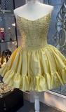 Ndyad Yellow Strapless A-Line Short Homecoming Dress Beaded Satin Sweet Birthday Outfit HZ1024