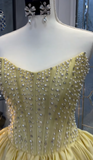 Ndyad Yellow Strapless A-Line Short Homecoming Dress Beaded Satin Sweet Birthday Outfit HZ1024