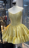 Ndyad Yellow Strapless A-Line Short Homecoming Dress Beaded Satin Sweet Birthday Outfit HZ1024