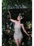 Ndyad Silver 18th Birthday Dress Beaded Strapless Bodycon Homecoming Dresses Sweet Party Dress HZ1024
