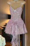 Ndyad Pink Spaghetti Strap 16th Birthday Dress Glitter Sequin A-Line Homecoming Dresses HZ1024