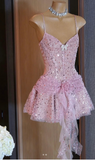 Ndyad Pink Spaghetti Strap 16th Birthday Dress Glitter Sequin A-Line Homecoming Dresses HZ1024