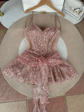 Ndyad Pink Spaghetti Strap 16th Birthday Dress Glitter Sequin A-Line Homecoming Dresses HZ1024