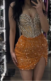 Ndyad Sweetheart Bodycon Short Formal Dresses Orange Sequin Prom Dresses Rhinestone Homecoming Dresses HZ1024