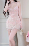 Ndyad Spaghetti Straps Pink Sheath Short Birthday Dress Beaded Tassel Homecoming Dress HZ1024