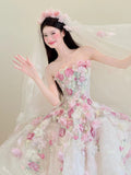 Ndyad White Strapless 3D Rose Tulle Wedding Dress Long Ball Gowns Gorgeous Bridal Dress Quinceanera Dress HZ1024