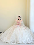 Ndyad White Strapless 3D Rose Tulle Wedding Dress Long Ball Gowns Gorgeous Bridal Dress Quinceanera Dress HZ1024