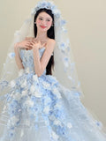Ndyad Light Blue Strapless Long Ball Gowns Tulle Applique Wedding Dress Fairytale Bridal Dress Quincea?era Dress HZ1024