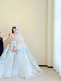 Ndyad Light Blue Strapless Long Ball Gowns Tulle Applique Wedding Dress Fairytale Bridal Dress Quincea?era Dress HZ1024
