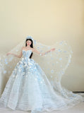 Ndyad Light Blue Strapless Long Ball Gowns Tulle Applique Wedding Dress Fairytale Bridal Dress Quincea?era Dress HZ1024