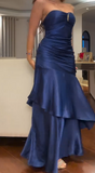 Ndyad Navy Blue Sweetheart Neck Mermaid Prom Dresses Satin Long Formal Dress Birthday Outfit HZ1024