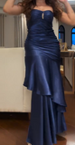 Ndyad Navy Blue Sweetheart Neck Mermaid Prom Dresses Satin Long Formal Dress Birthday Outfit HZ1024