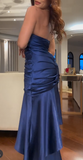 Ndyad Navy Blue Sweetheart Neck Mermaid Prom Dresses Satin Long Formal Dress Birthday Outfit HZ1024