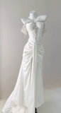 Ndyad Off Shoulder Corset Sheath Evening Dress Eleagnt Beaded Satin Slit Long Prom Dress HZ1024