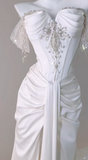 Ndyad Off Shoulder Corset Sheath Evening Dress Eleagnt Beaded Satin Slit Long Prom Dress HZ1024